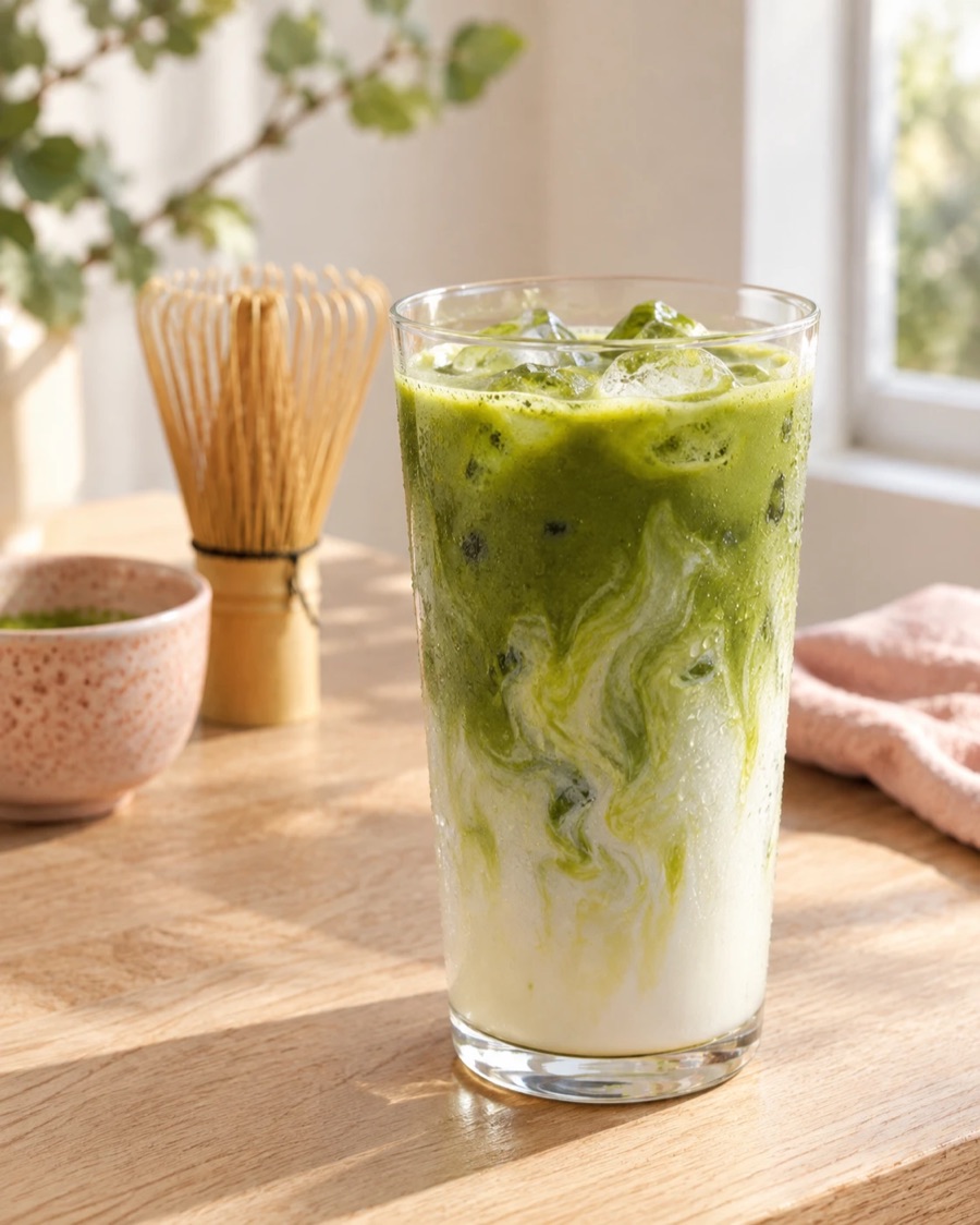 Iced matcha latte swirling into milk in a tall glass