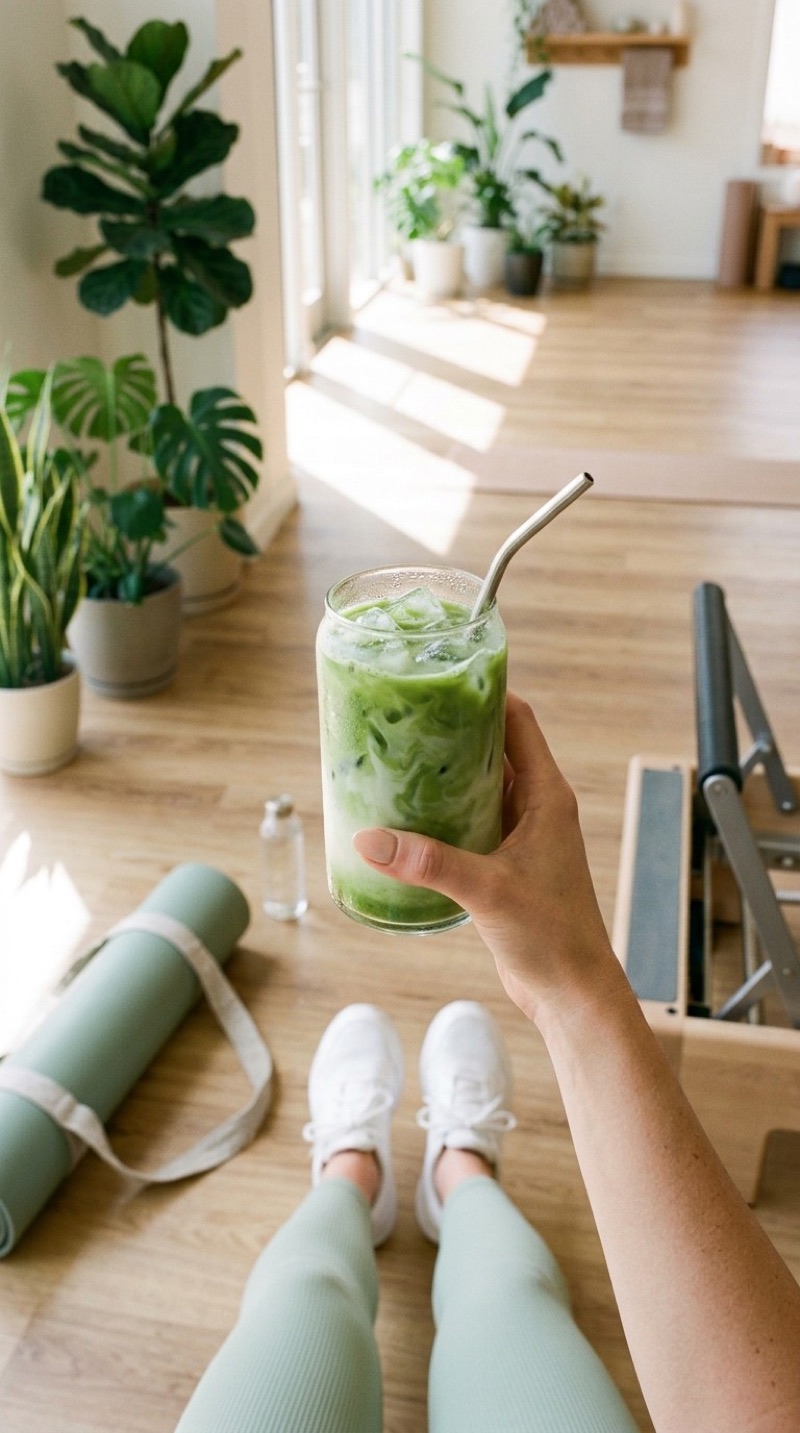 An iced matcha latte held above sneakers and a Pilates reformer
