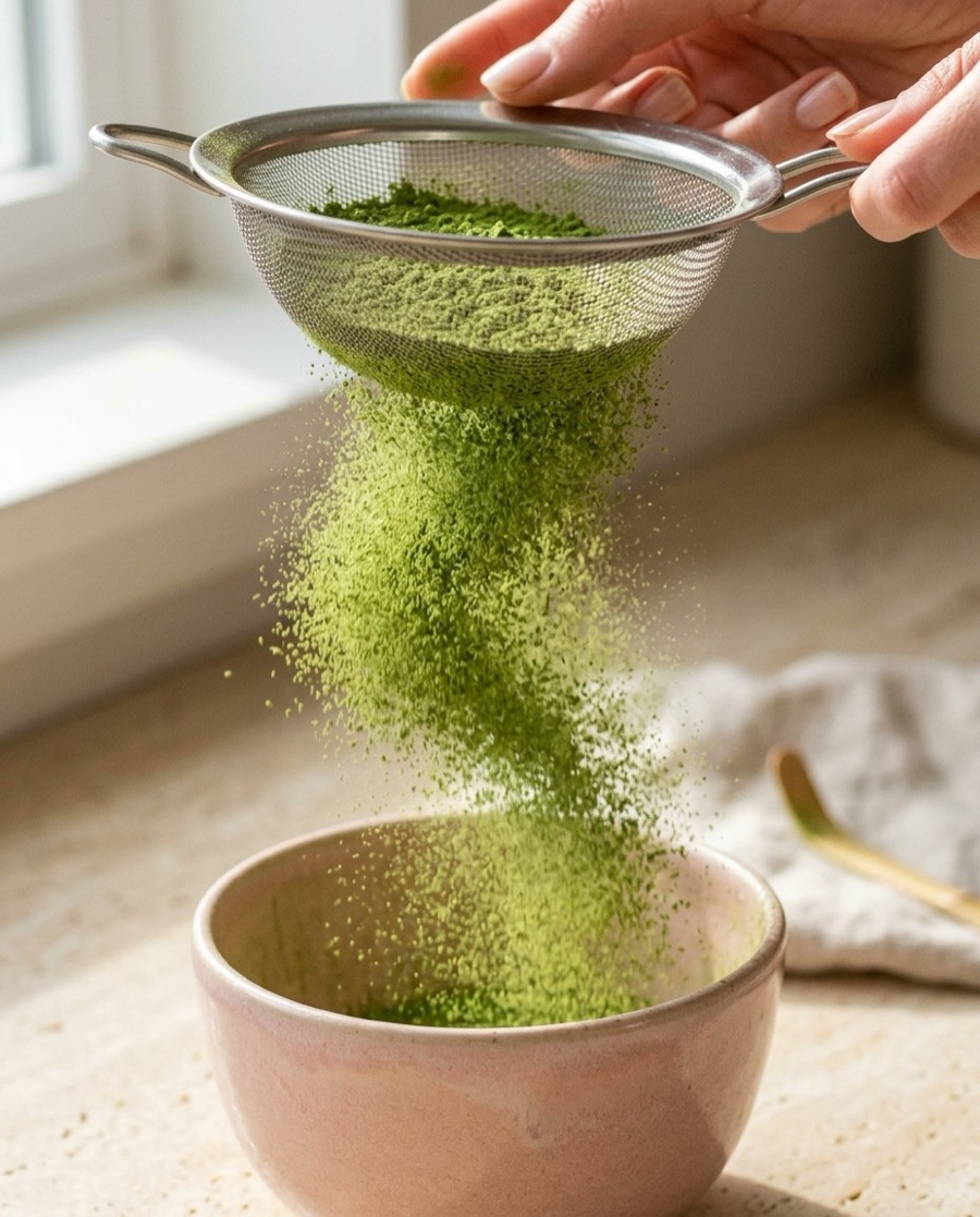 Bright green matcha powder falling through a sieve