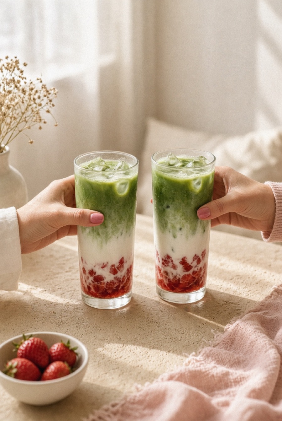 Two iced strawberry matcha lattes