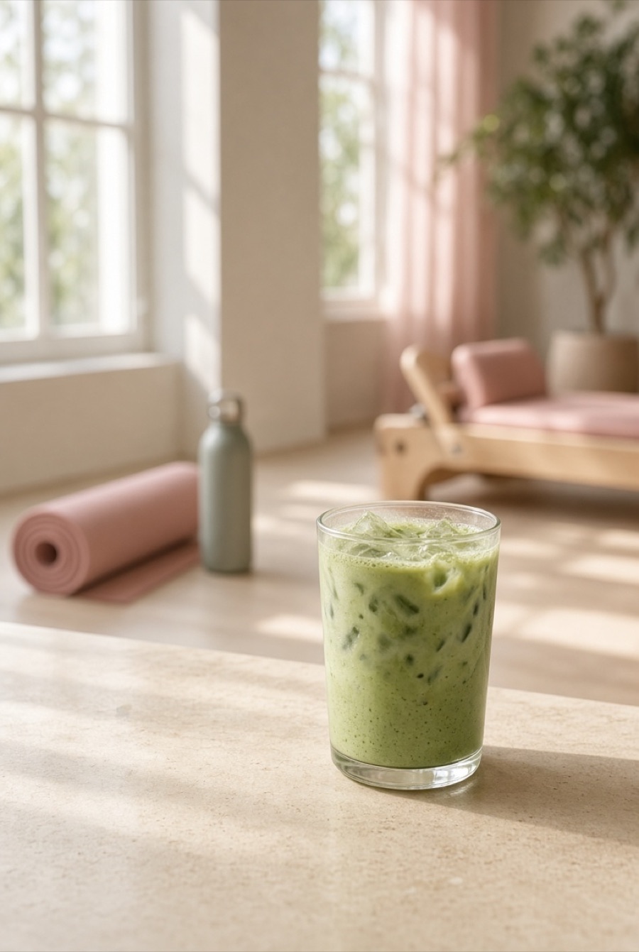 An iced matcha latte on the front desk of a bright Pilates studio