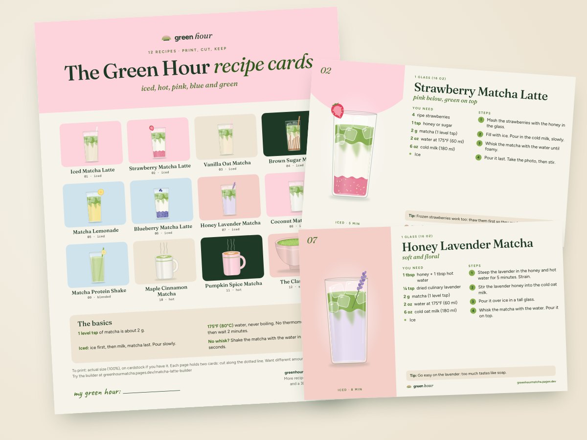 The Green Hour recipe cards PDF: the cover and two printed cards