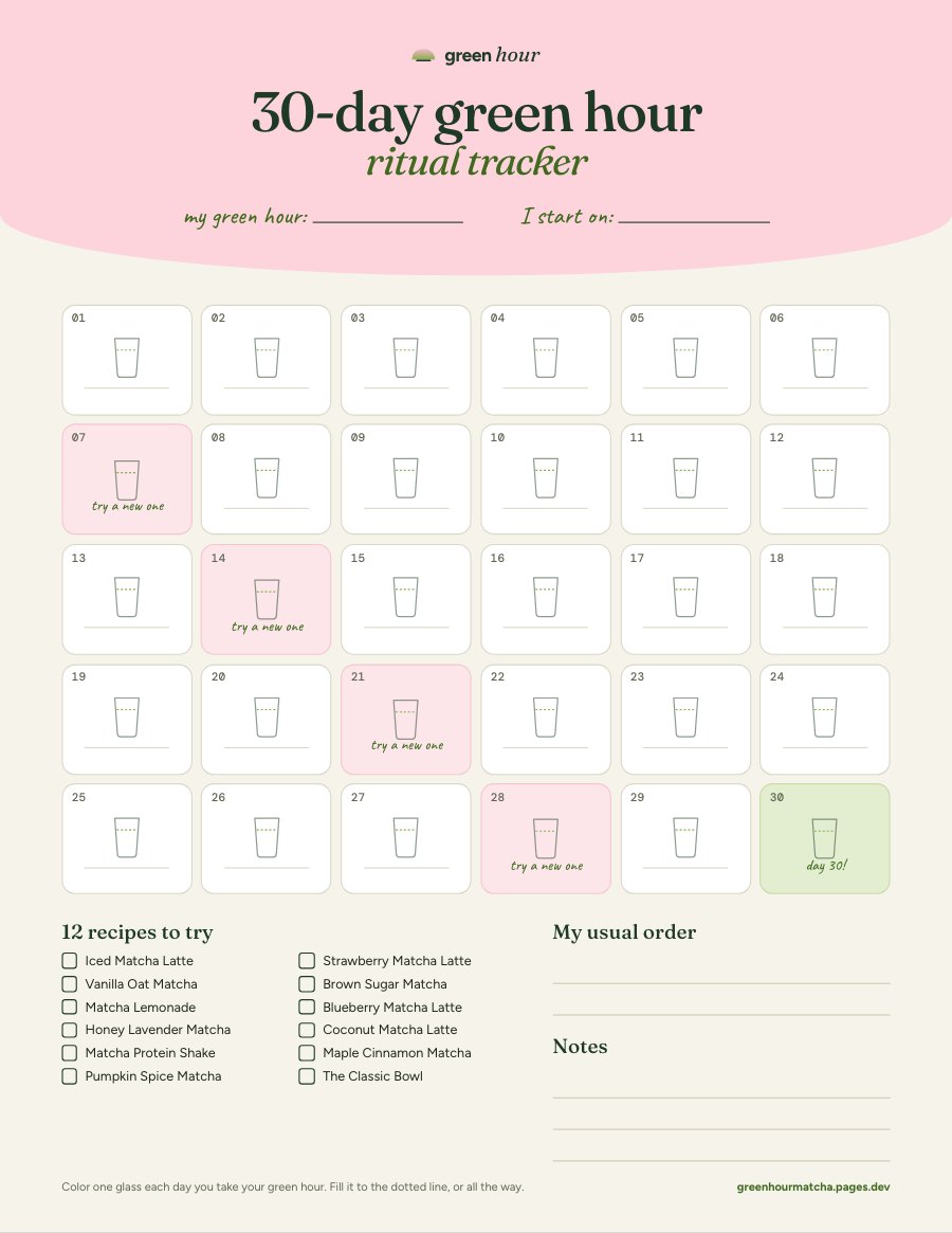 The 30-day green hour tracker: 30 glasses to color, 12 recipes to try, a line for your usual order