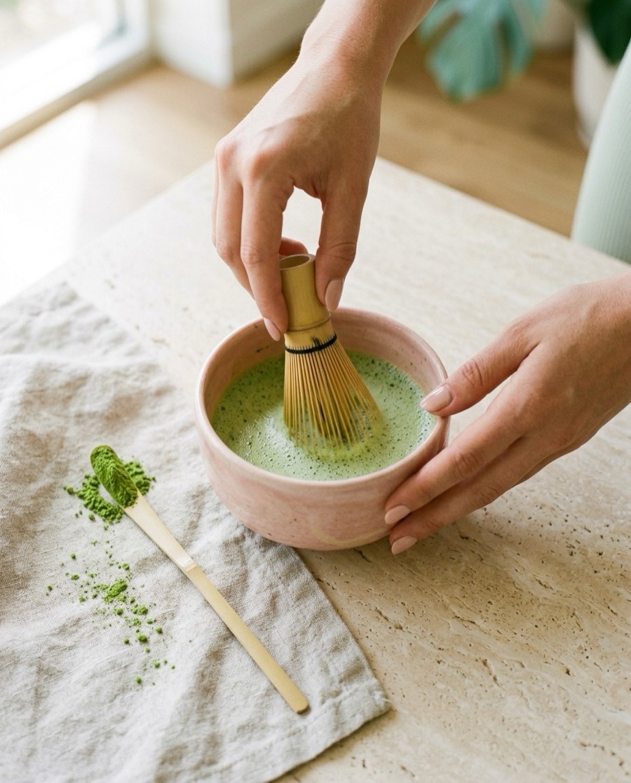 Hands whisking matcha in a blush bowl with a bamboo whisk